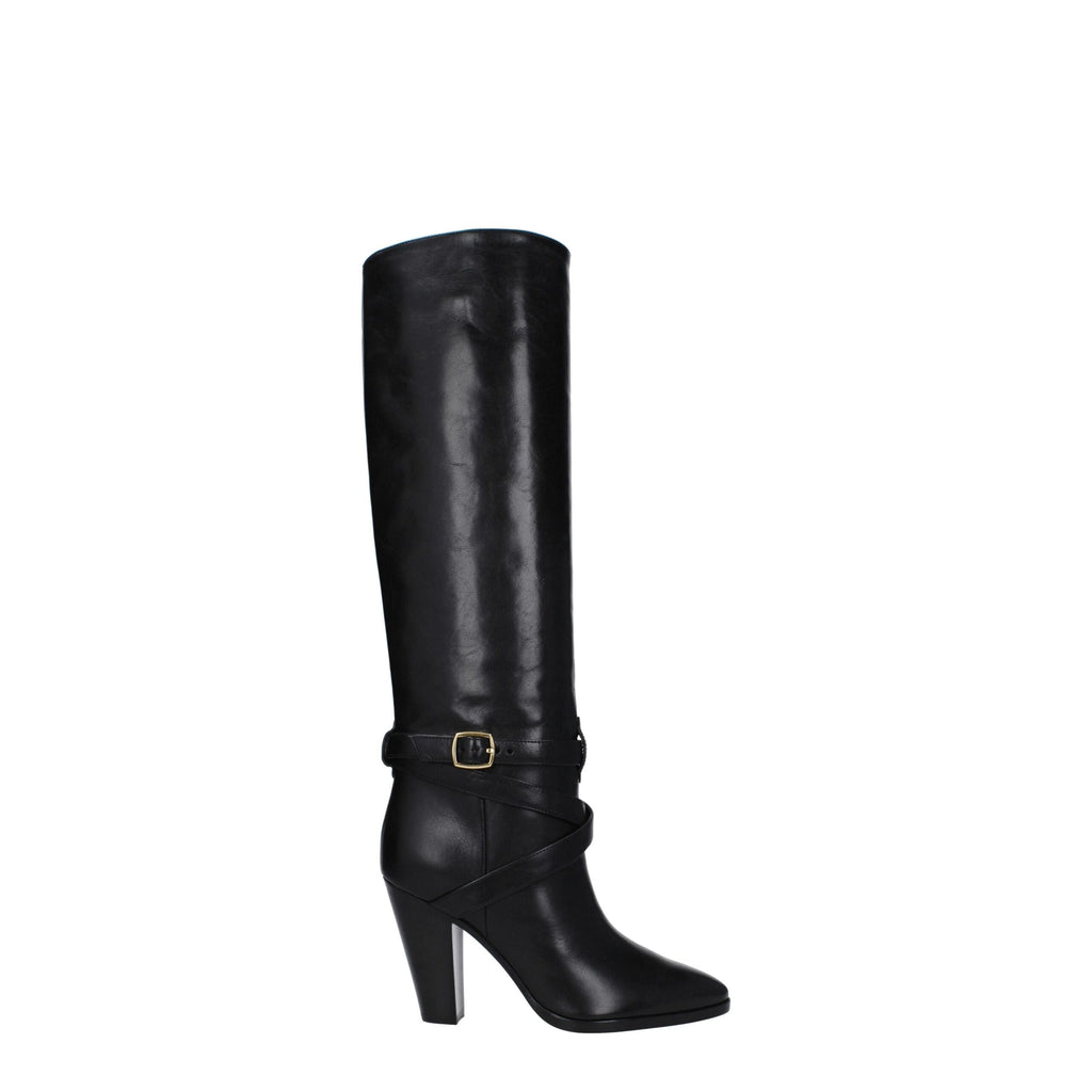 Black leather high-heeled boots