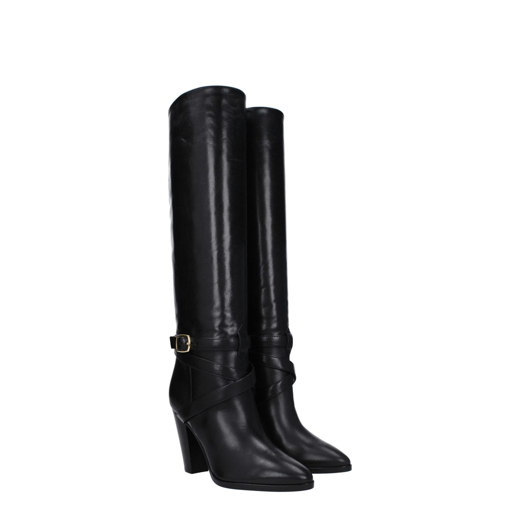 Black leather high-heeled boots