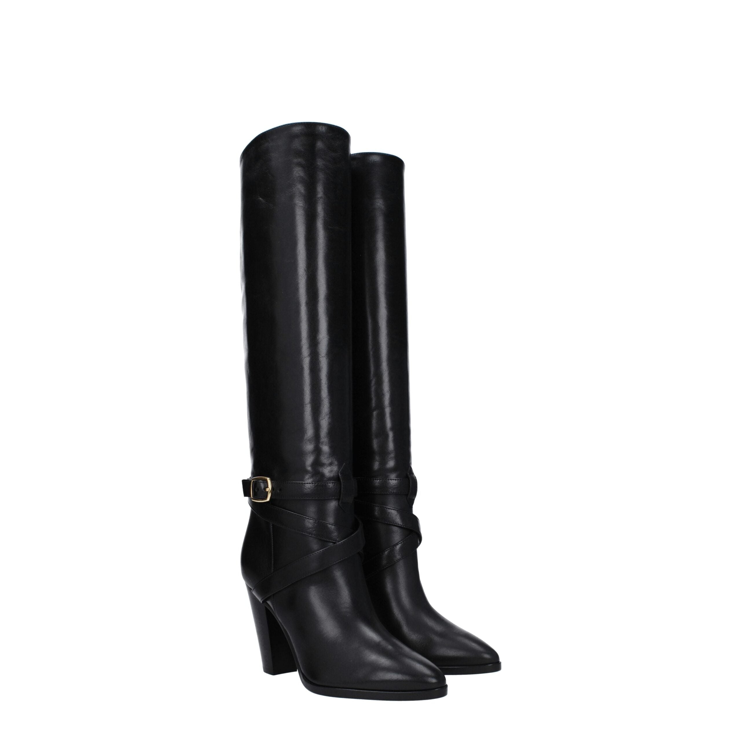 Black leather high-heeled boots