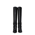 Black leather high-heeled boots