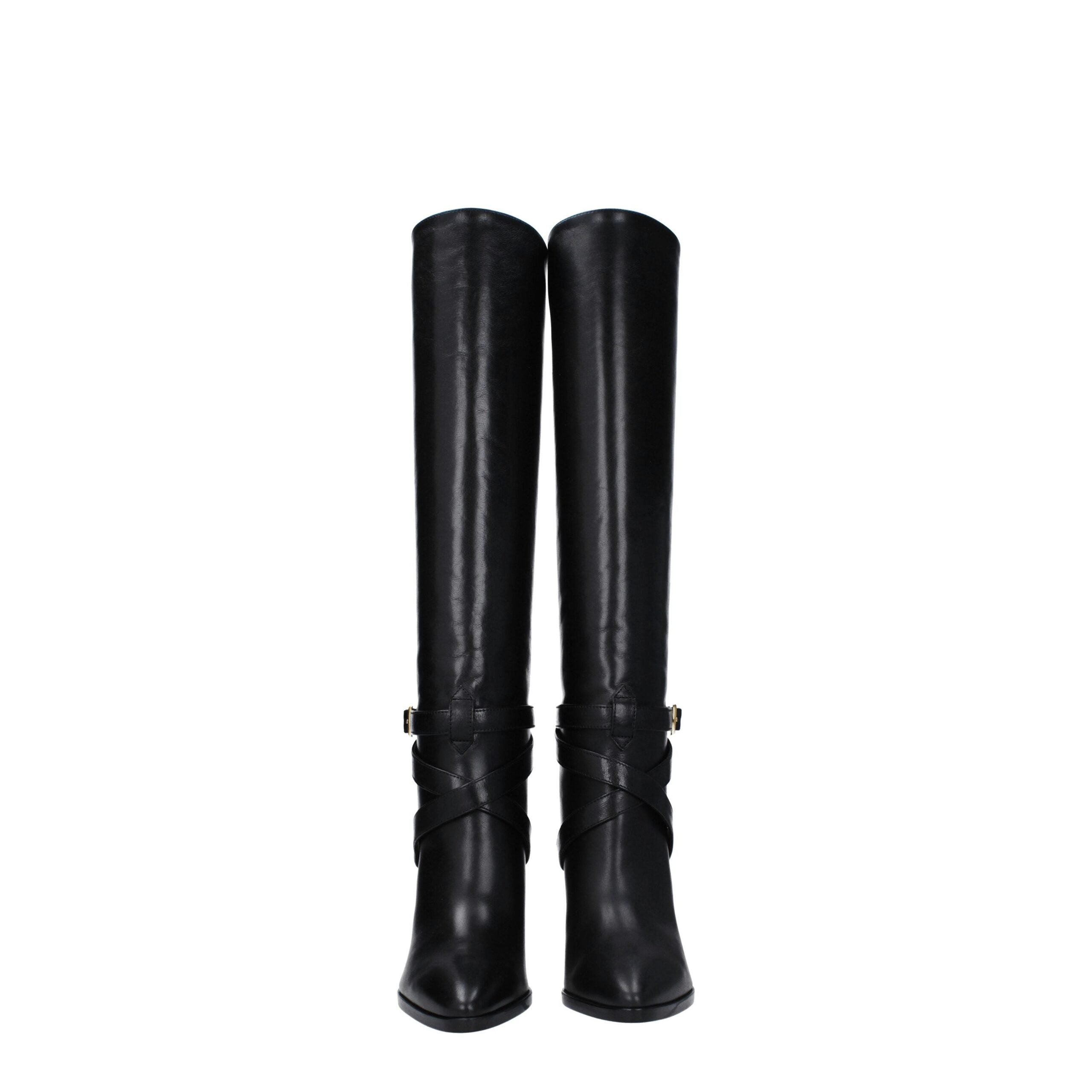 Black leather high-heeled boots