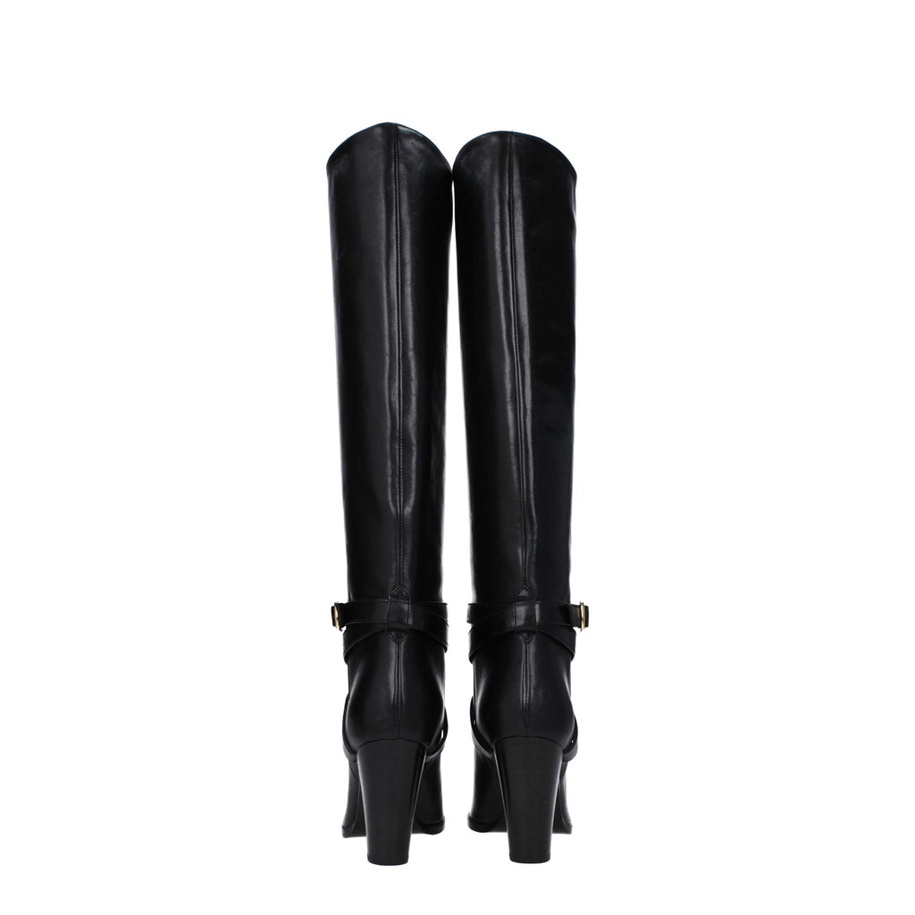 Black leather high-heeled boots