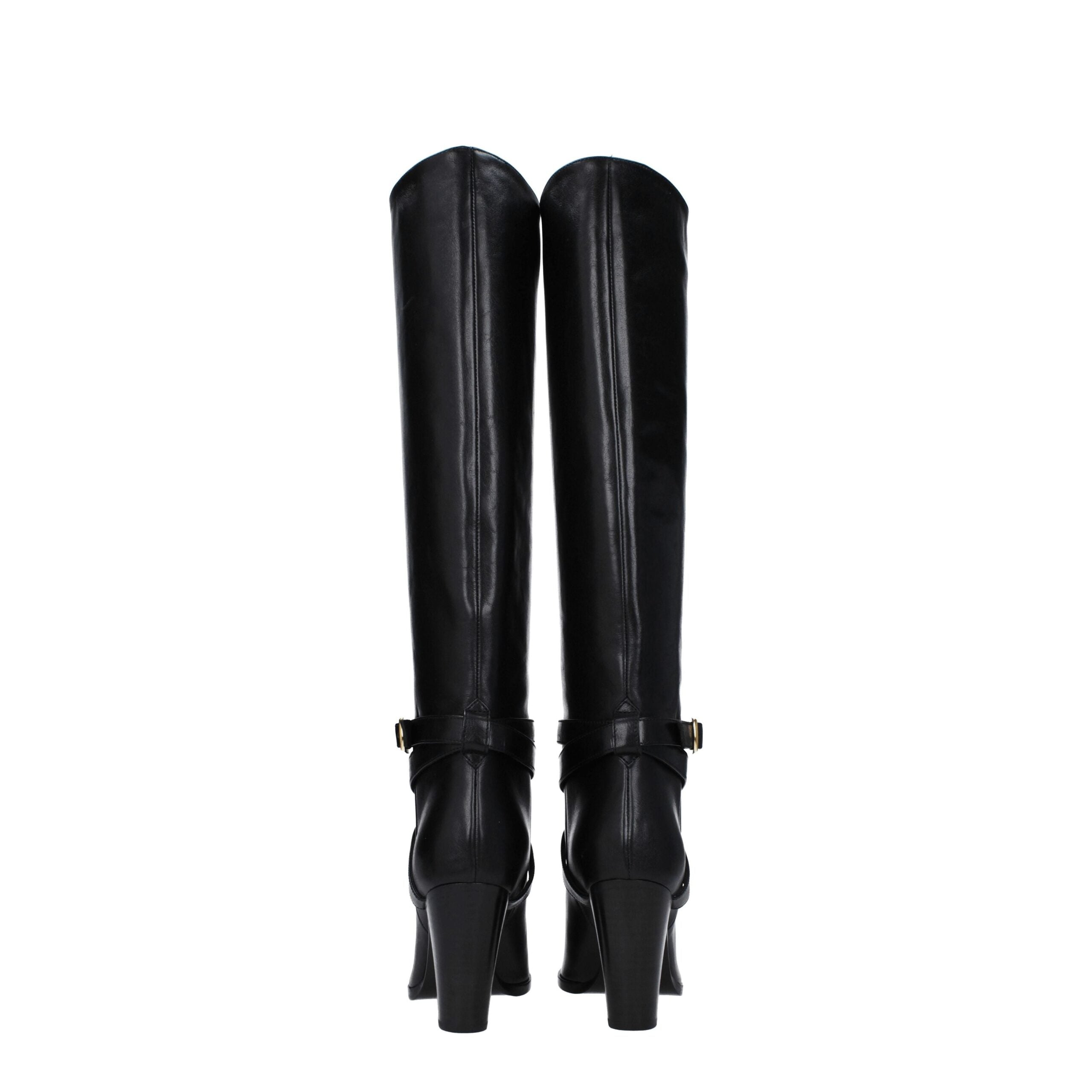 Black leather high-heeled boots