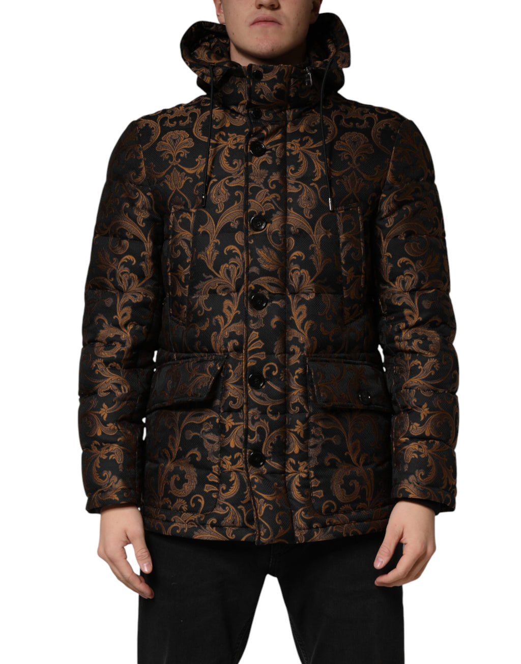 Black floral jacquard quilted jacket with hood