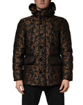 Black floral jacquard quilted jacket with hood