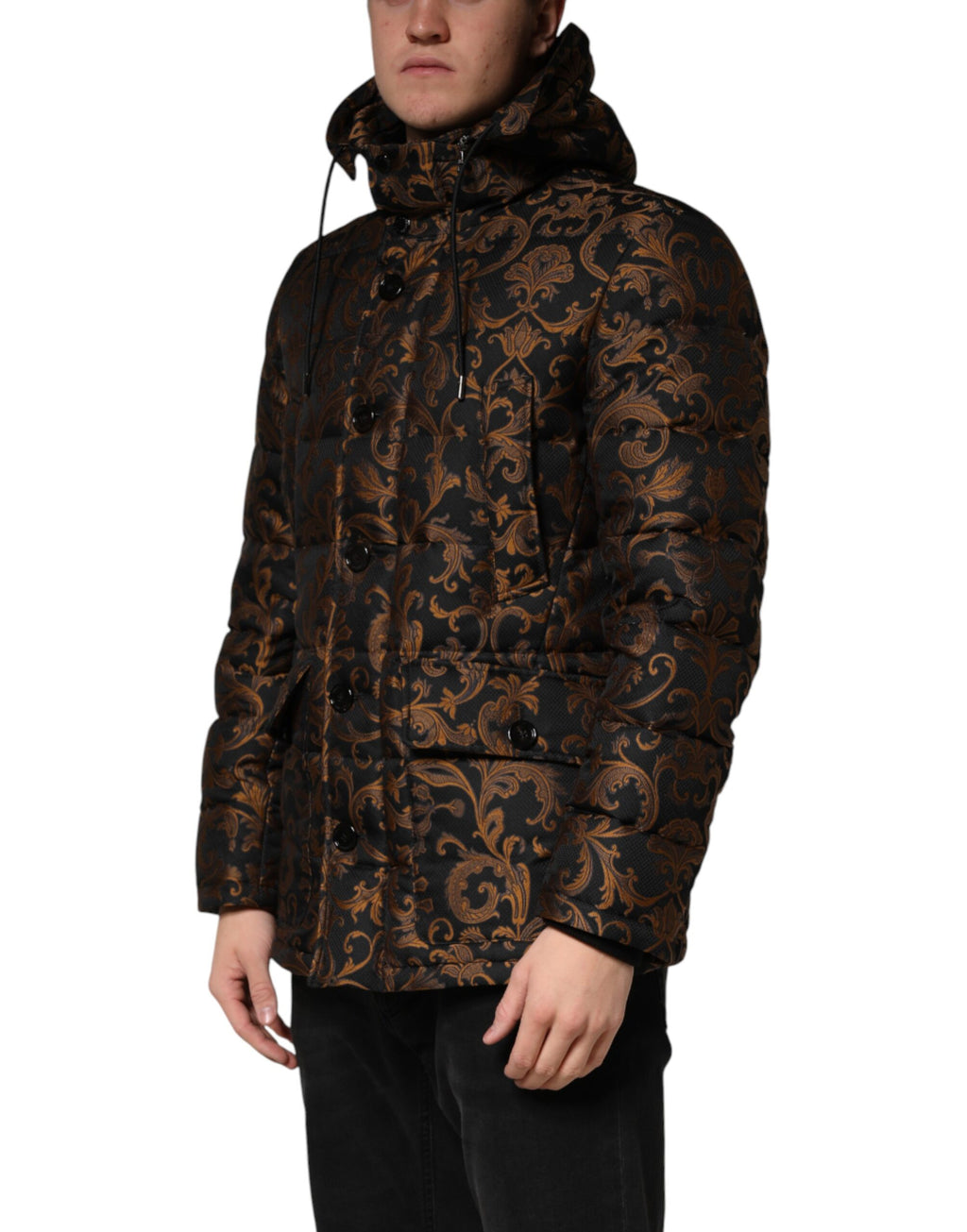 Black floral jacquard quilted jacket with hood