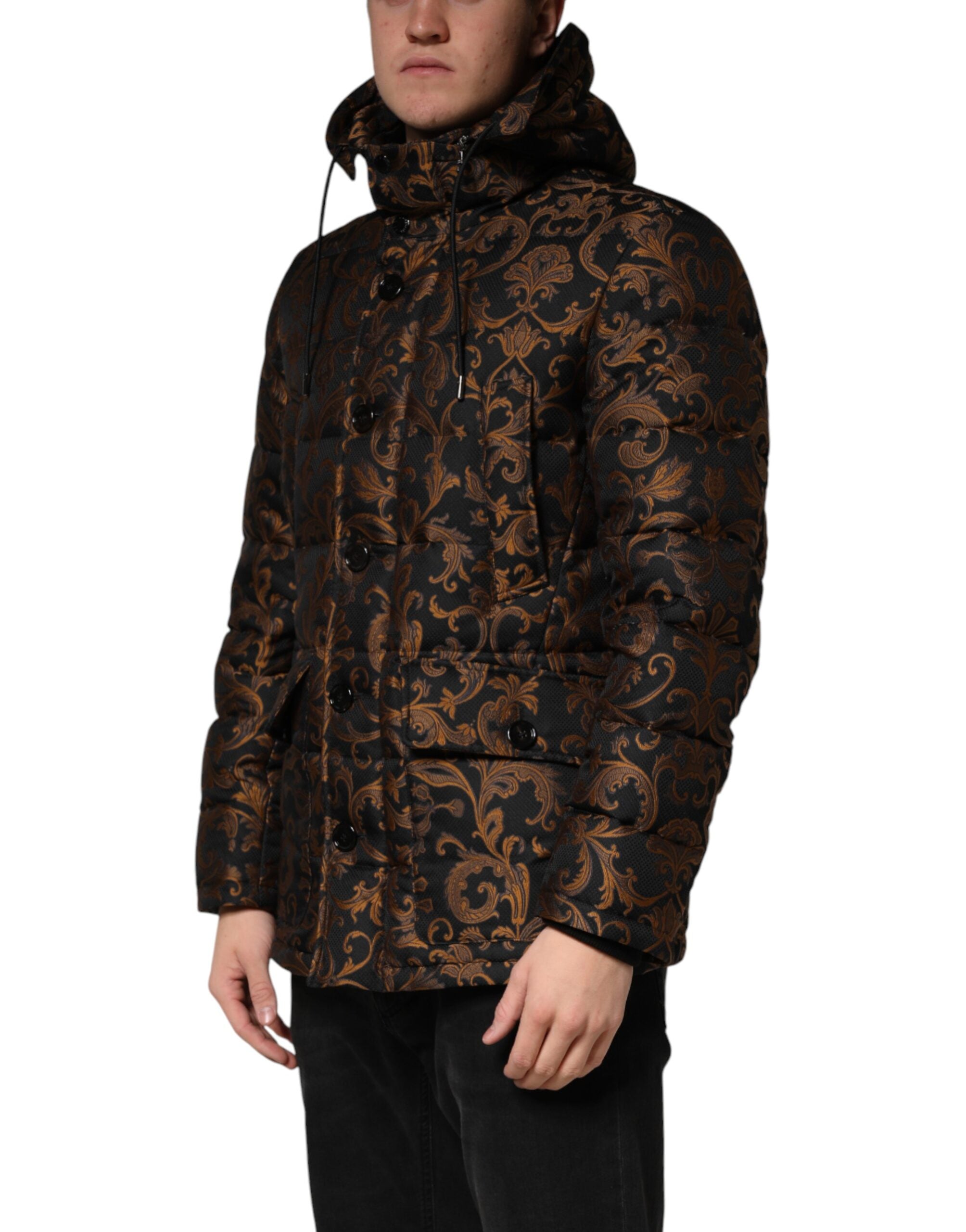 Black floral jacquard quilted jacket with hood
