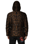Black floral jacquard quilted jacket with hood