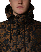 Black floral jacquard quilted jacket with hood