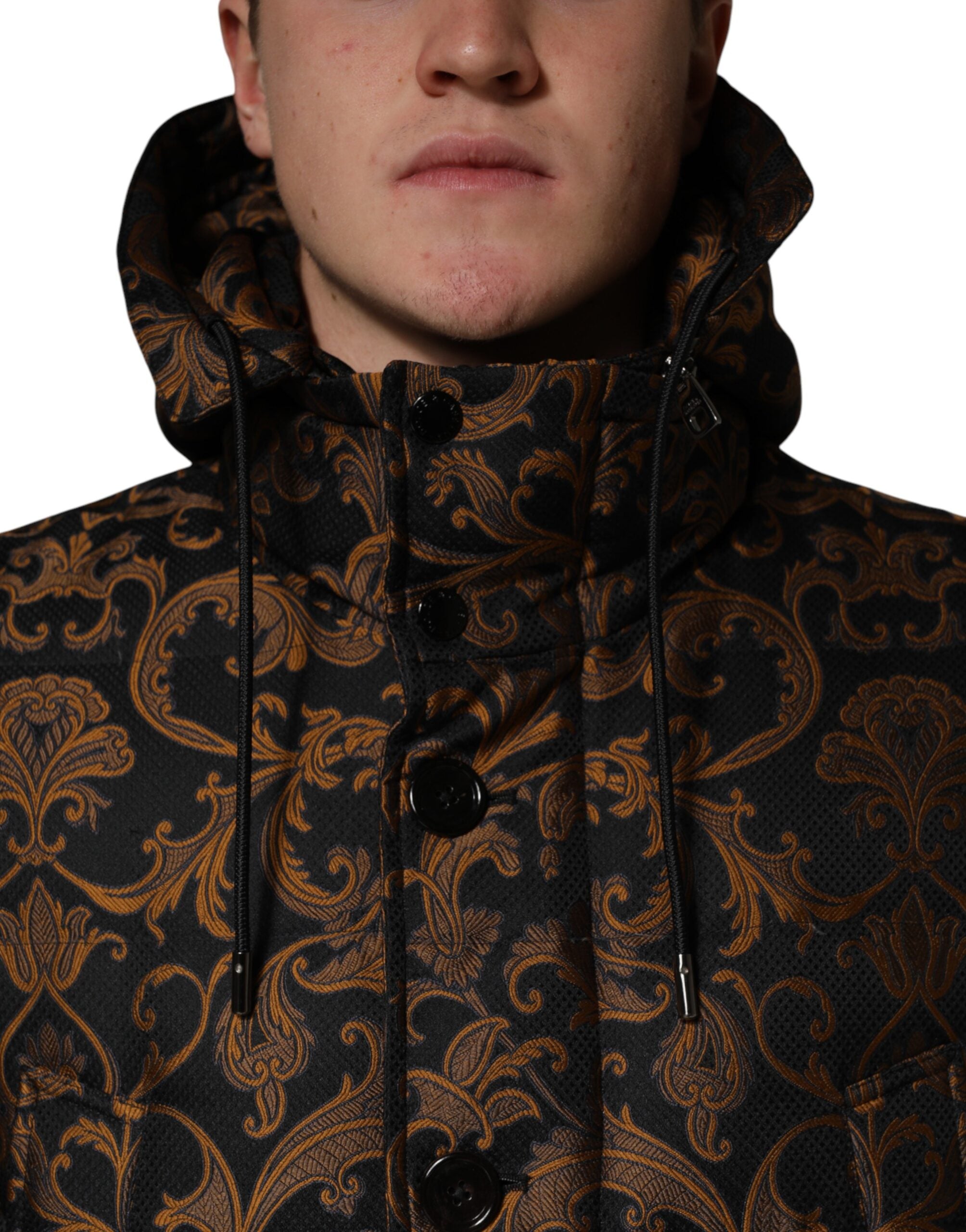 Black floral jacquard quilted jacket with hood