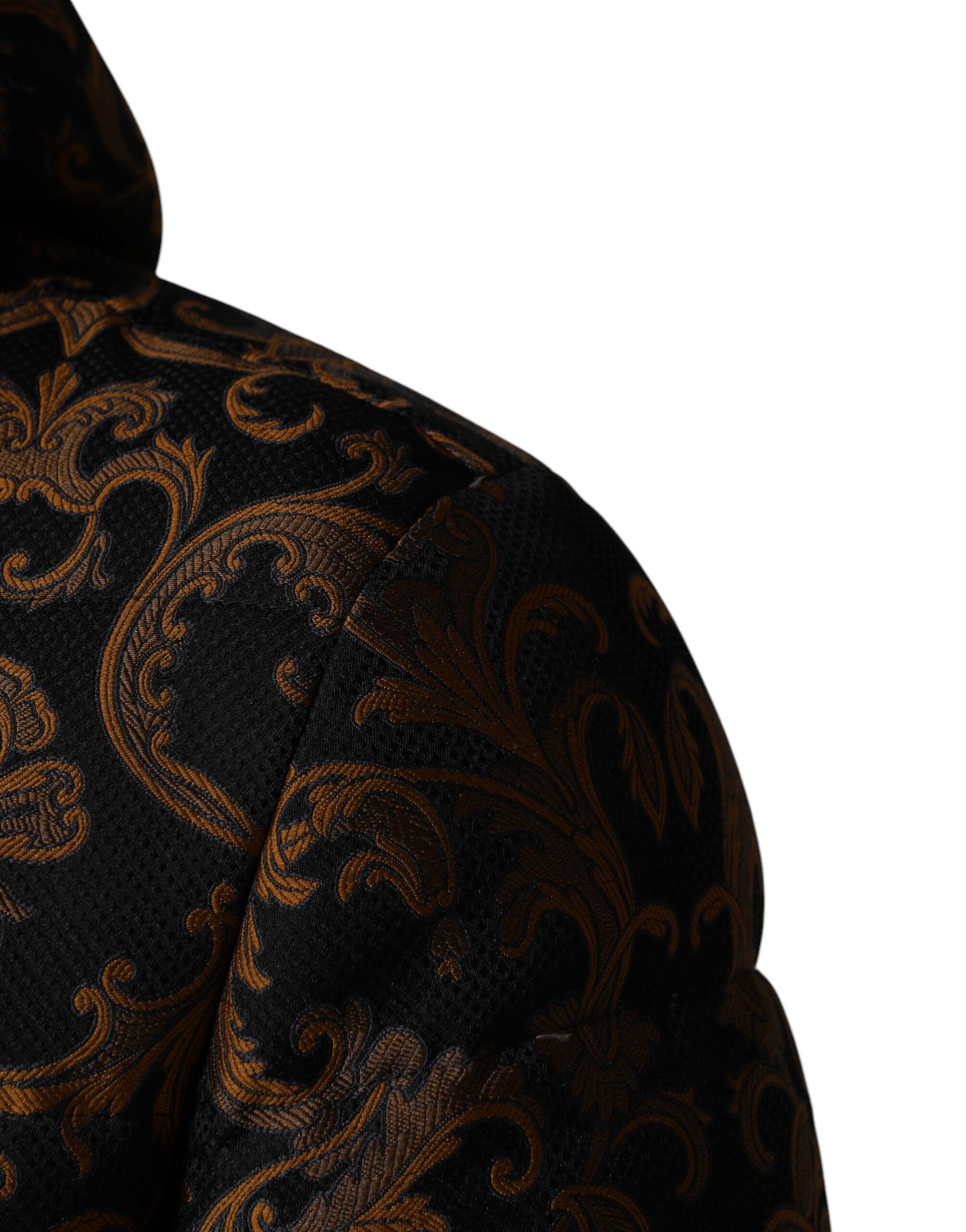 Black floral jacquard quilted jacket with hood