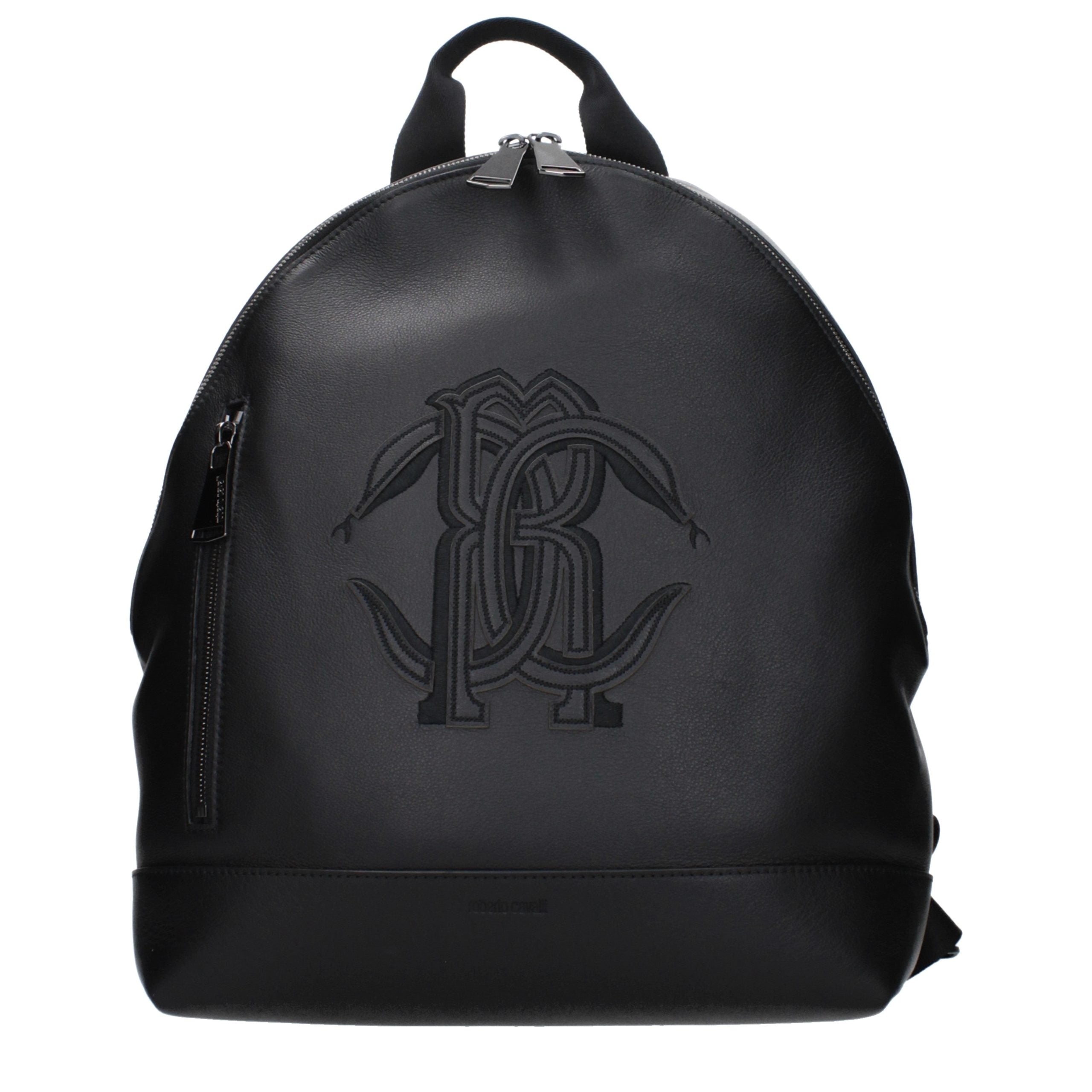 Black leather backpack with front logo