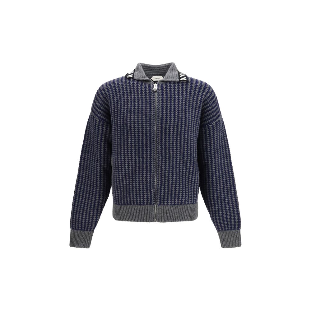 Zip-up intarsia-knit wool cardigan