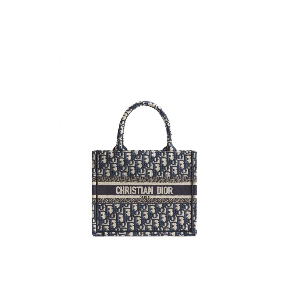 Borsa in cotone con ricamo Dior Oblique écru e blu