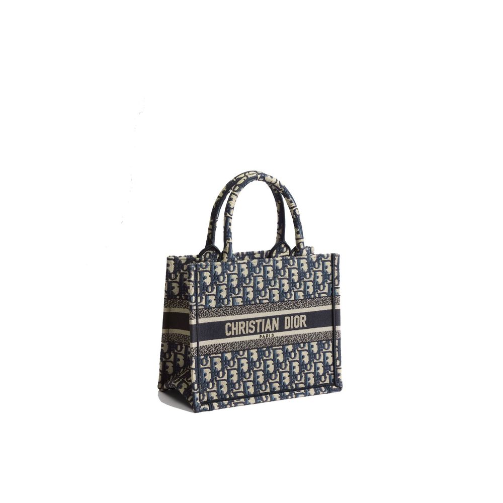 Borsa in cotone con ricamo Dior Oblique écru e blu