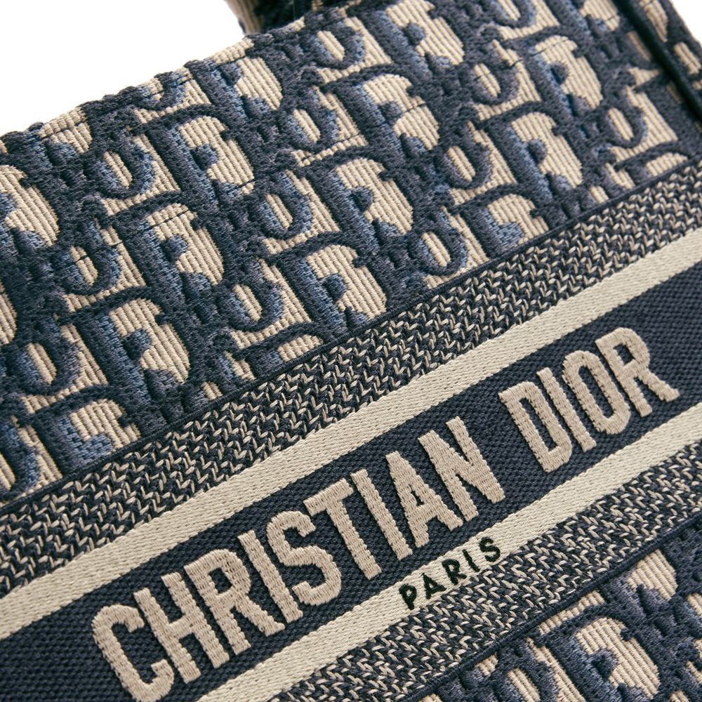 Borsa in cotone con ricamo Dior Oblique écru e blu