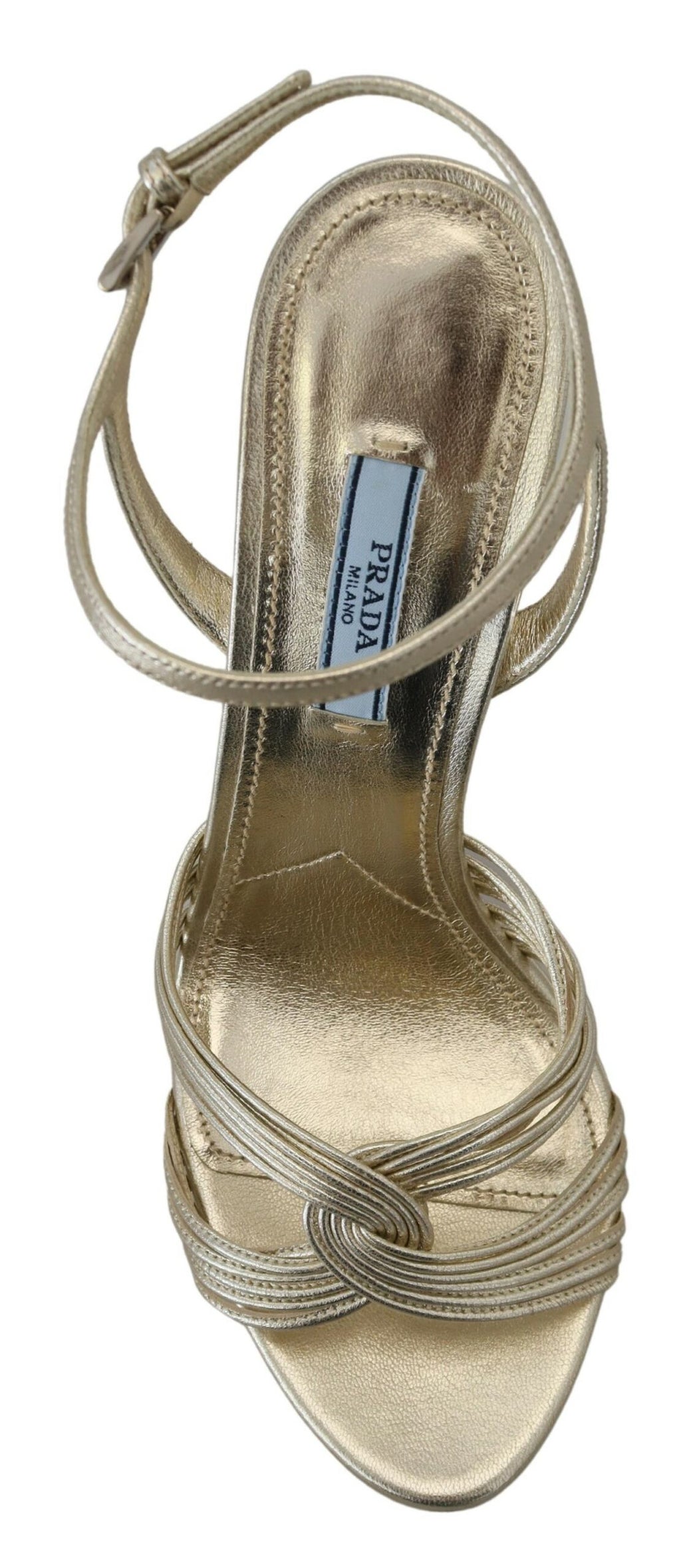 Golden leather stiletto with ankle strap