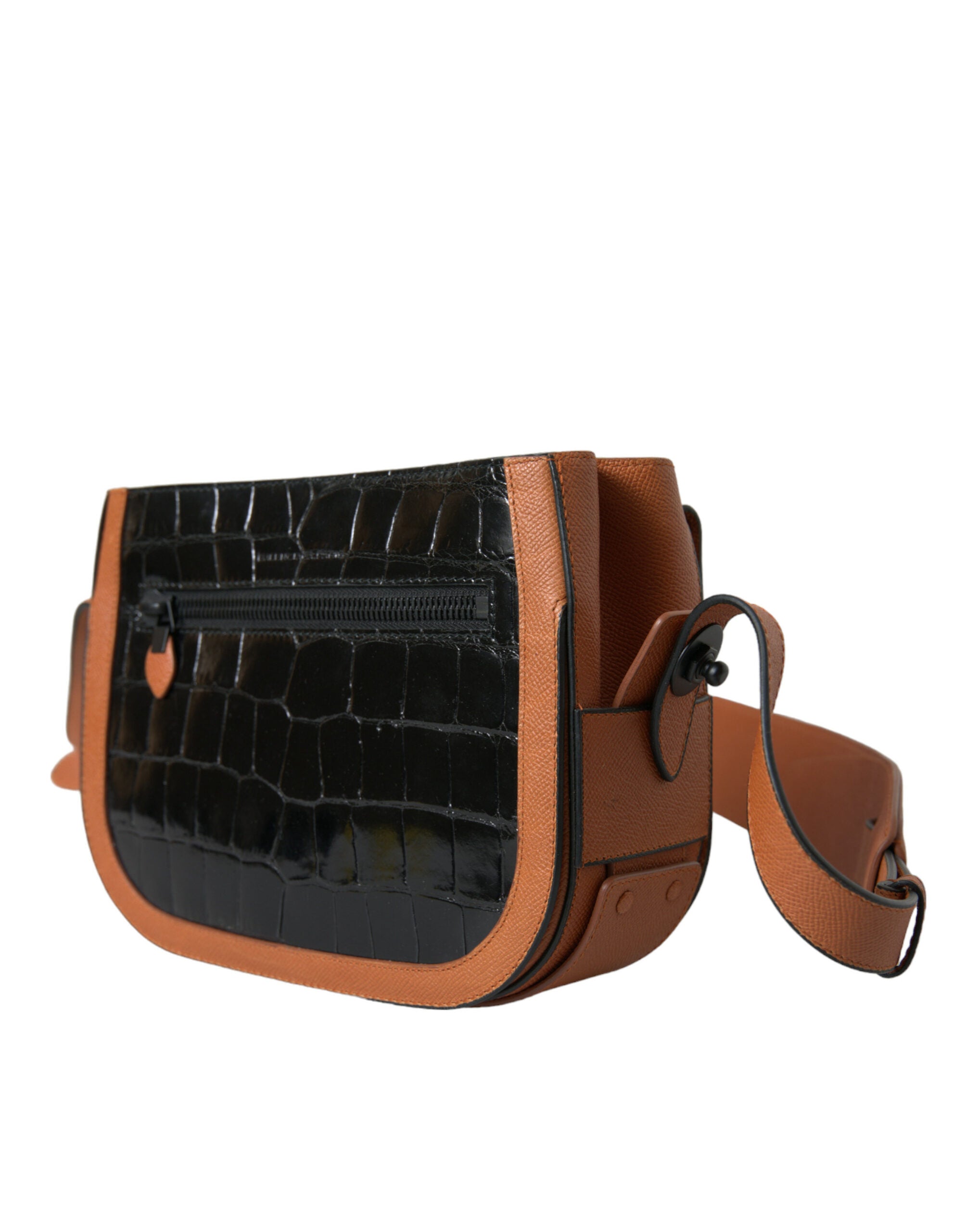 Borsa a tracolla in pelle esotica nera e marrone