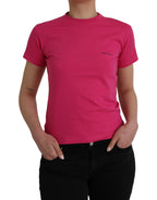 Pink short-sleeved cotton T-shirt with a round neck