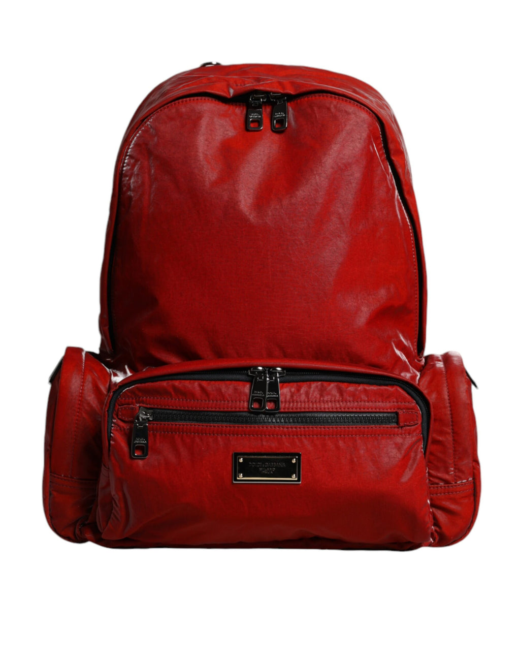 Backpack with red patent leather logo