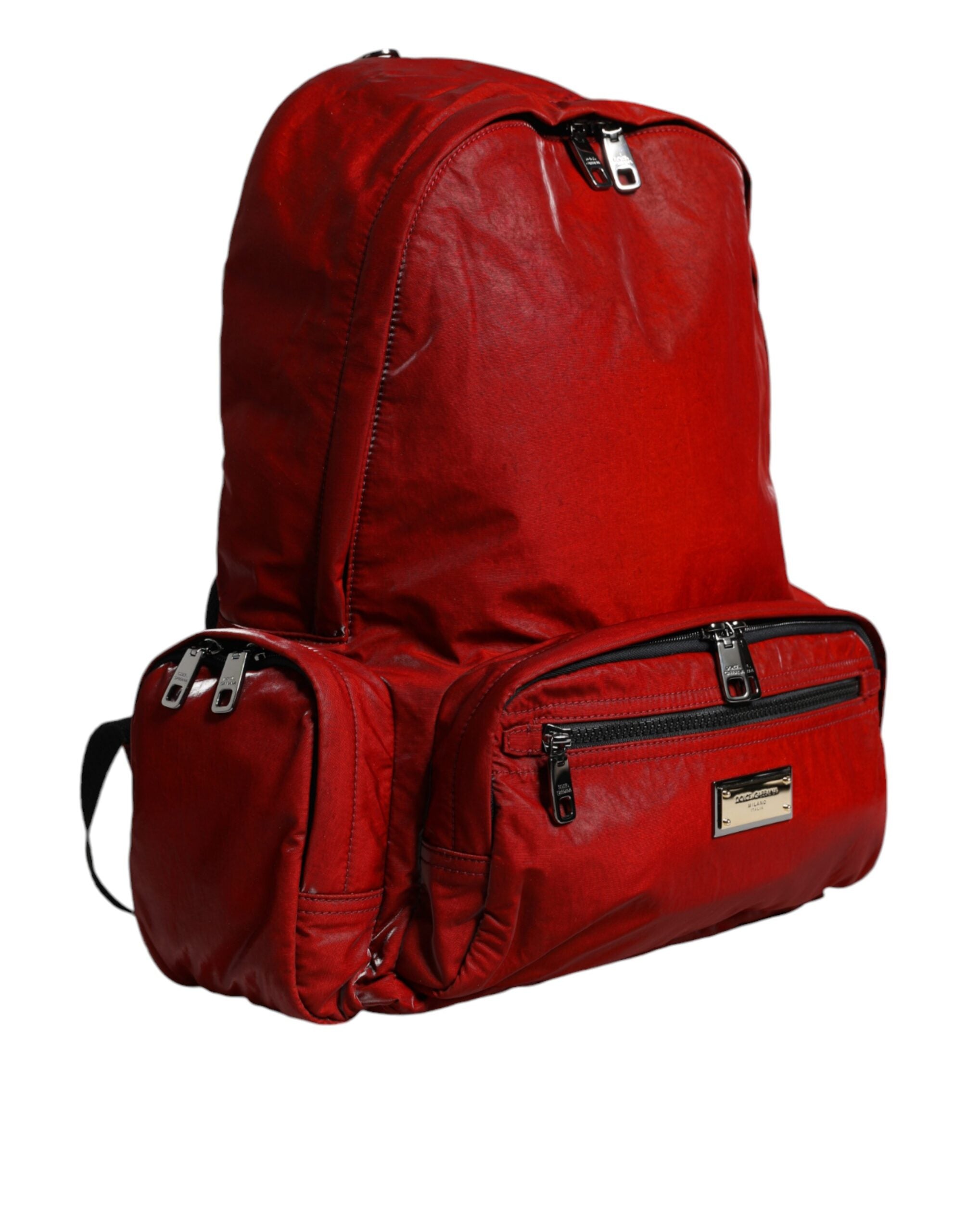 Backpack with red patent leather logo