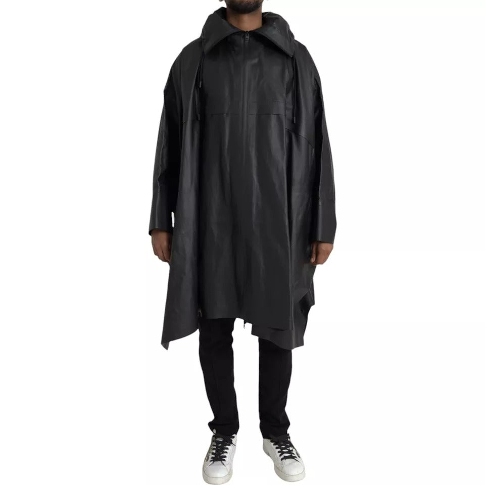 Trench da uomo in pelle nera con cappuccio