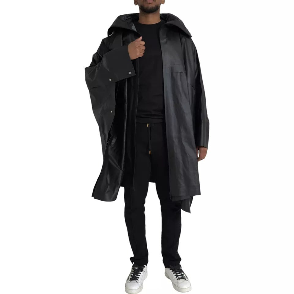 Trench da uomo in pelle nera con cappuccio