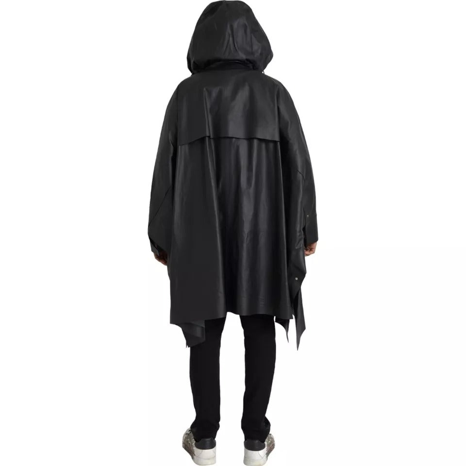 Trench da uomo in pelle nera con cappuccio