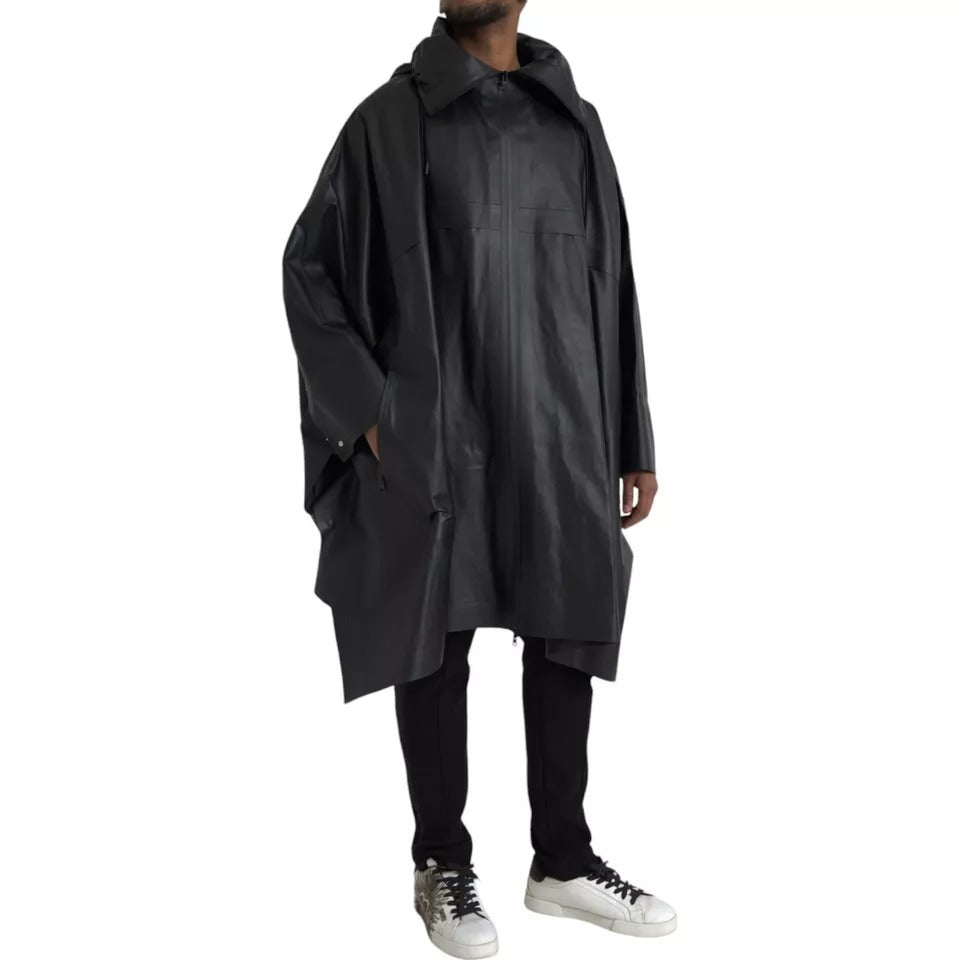 Trench da uomo in pelle nera con cappuccio