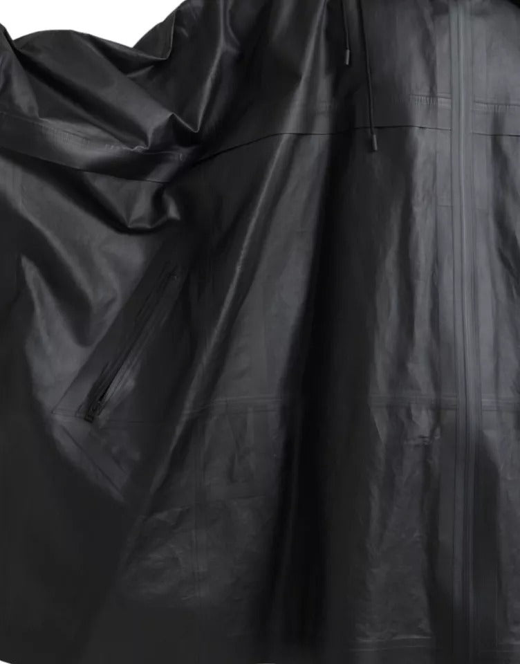 Trench da uomo in pelle nera con cappuccio