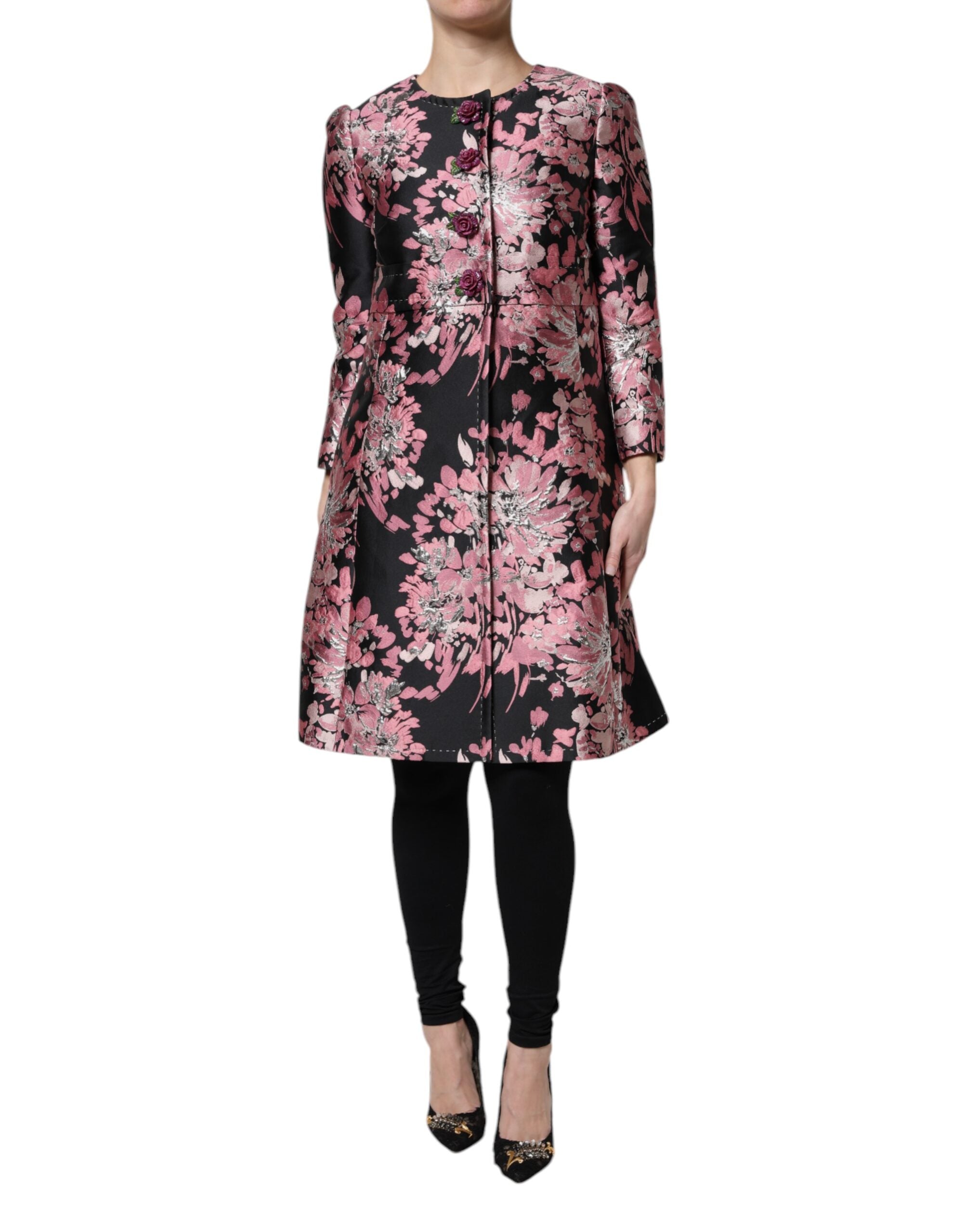 Pink and black floral brocade trench coat