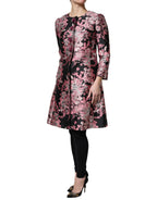 Pink and black floral brocade trench coat