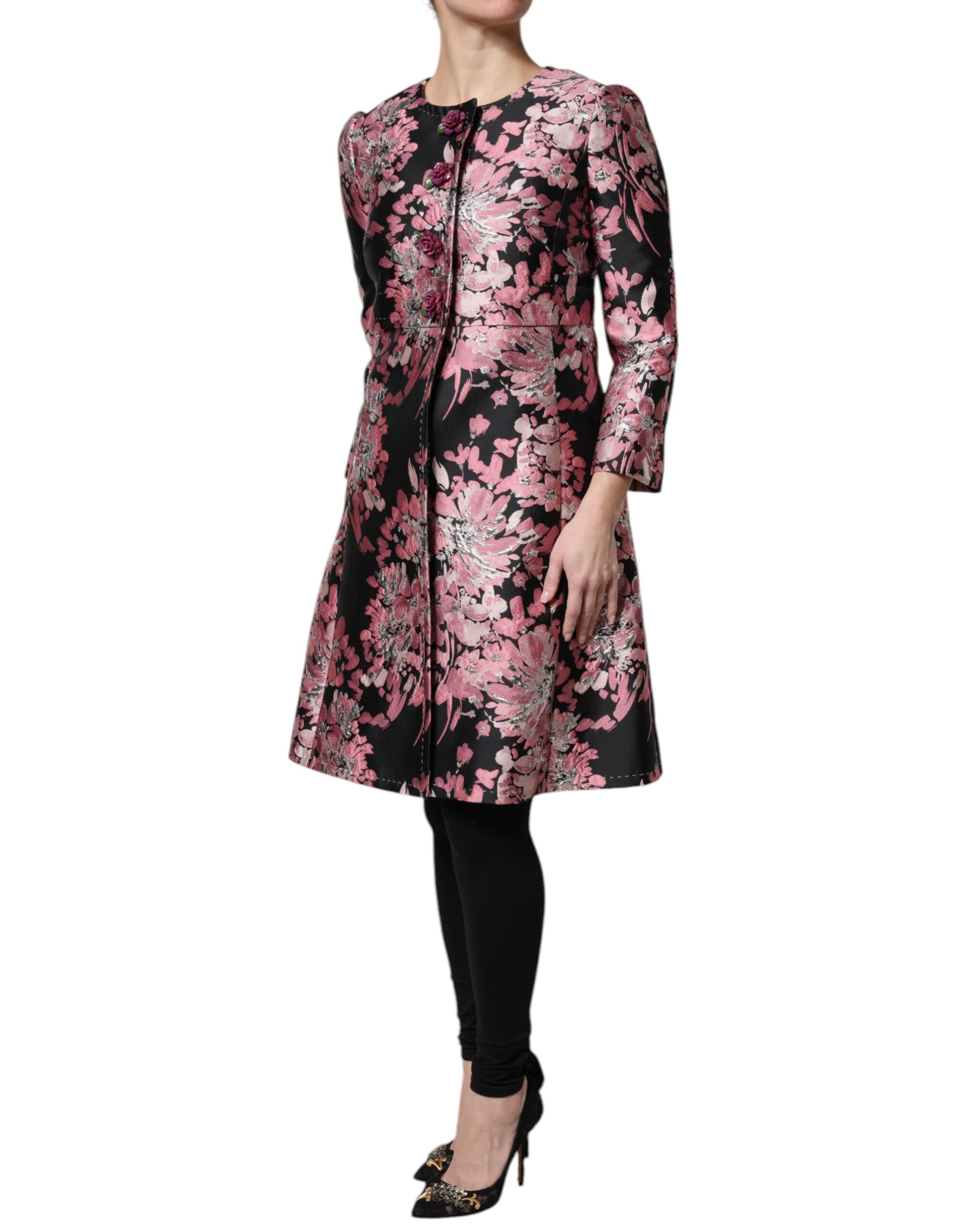 Pink and black floral brocade trench coat