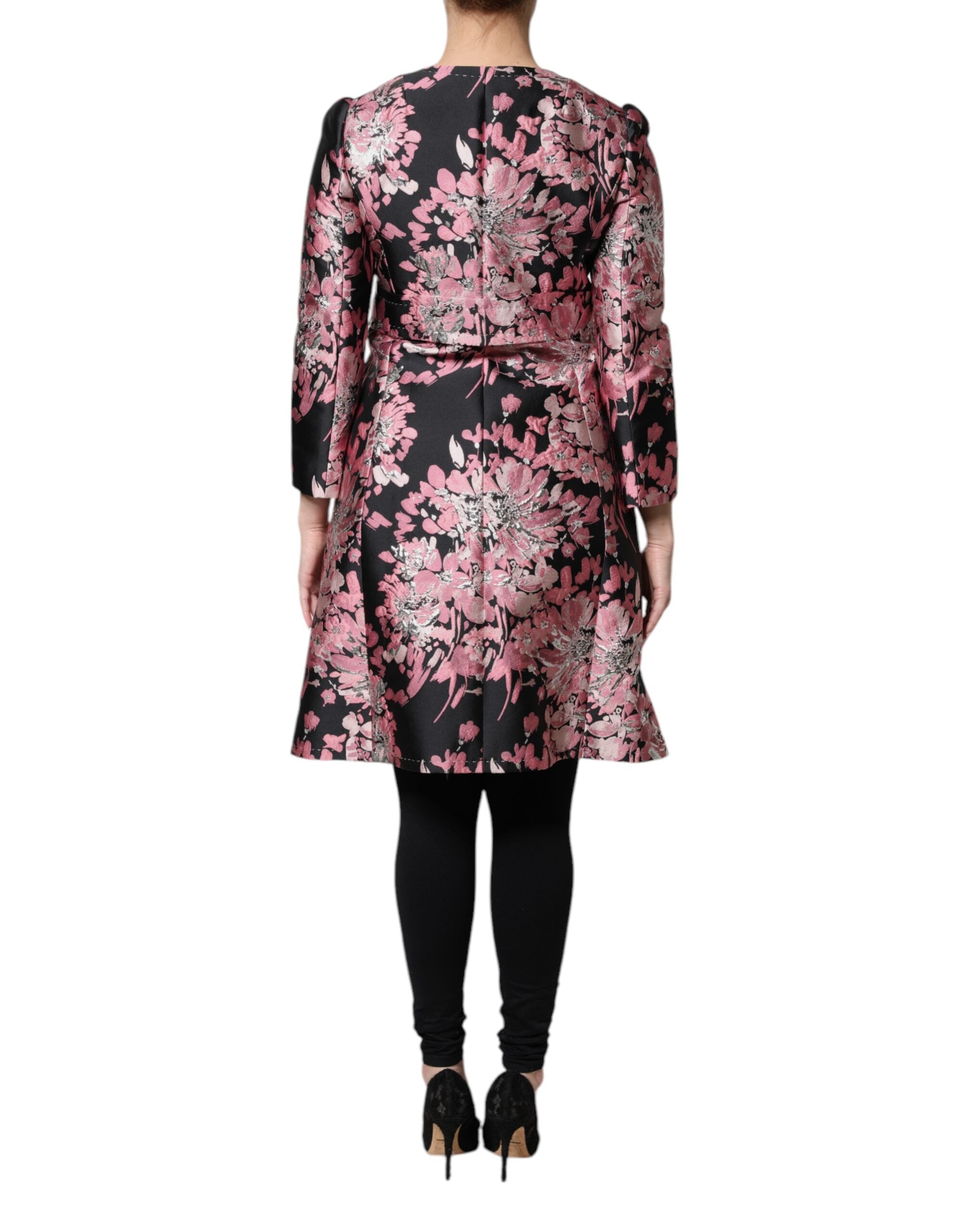 Pink and black floral brocade trench coat