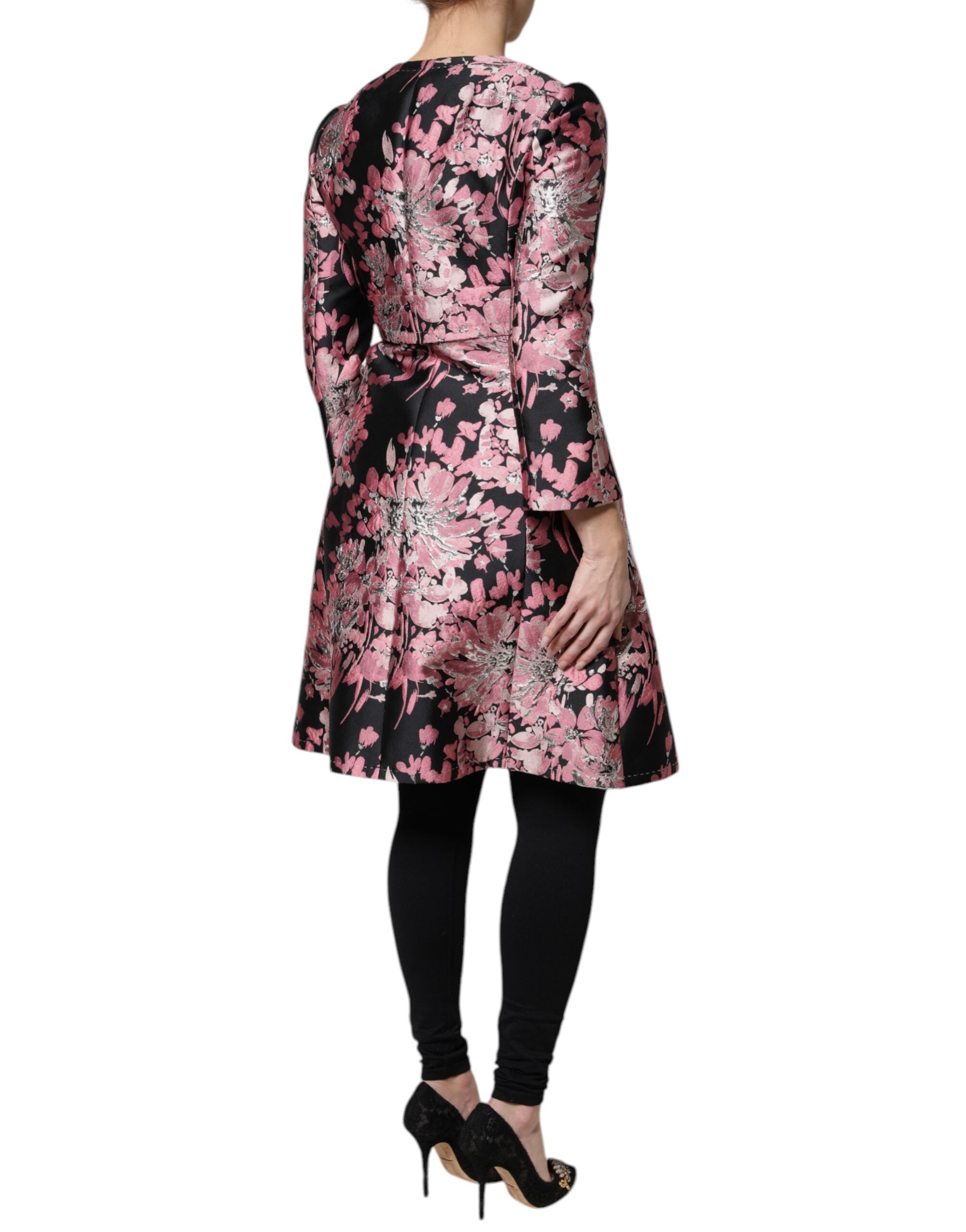 Pink and black floral brocade trench coat