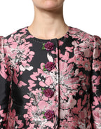 Pink and black floral brocade trench coat
