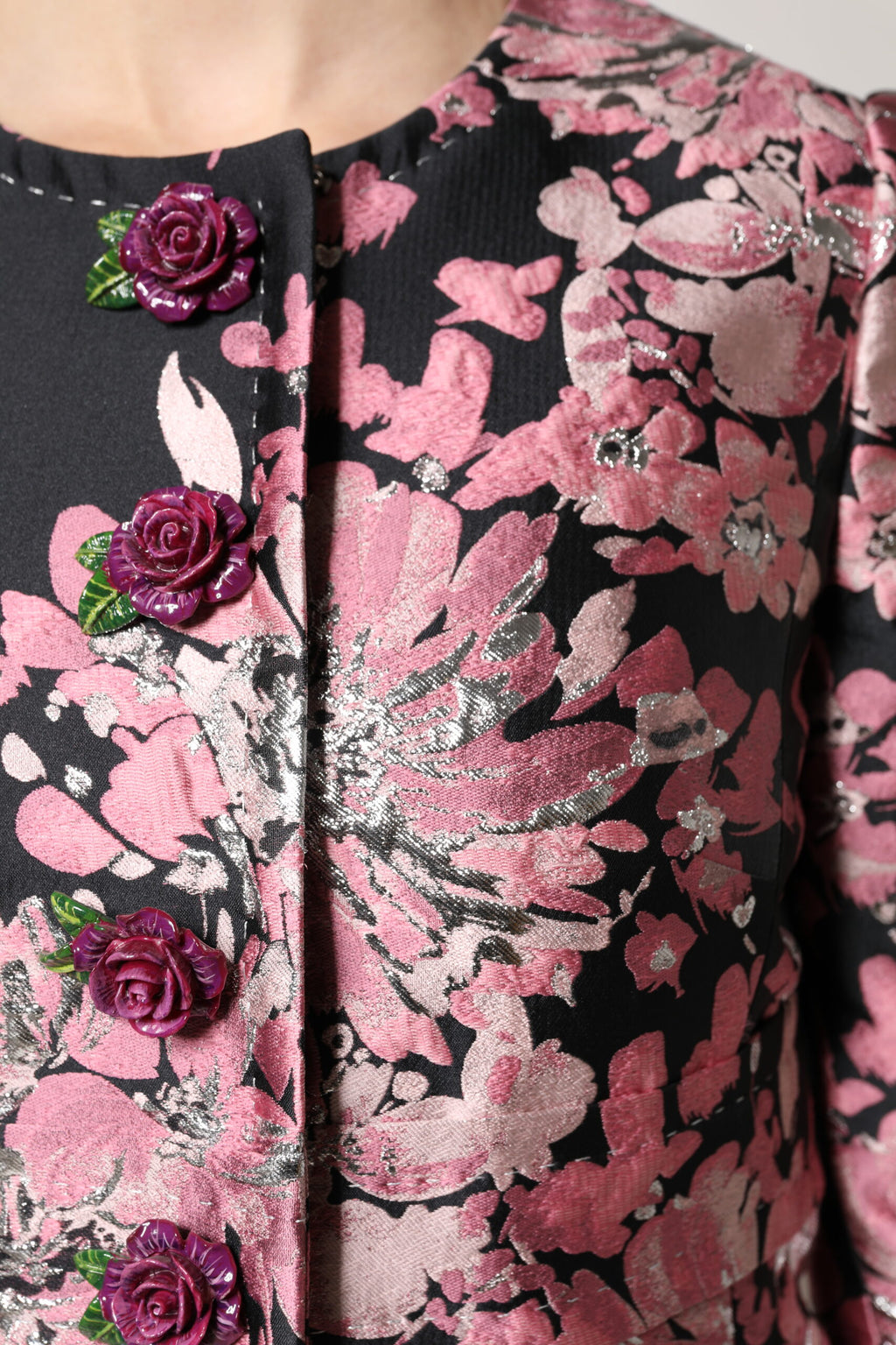 Pink and black floral brocade trench coat