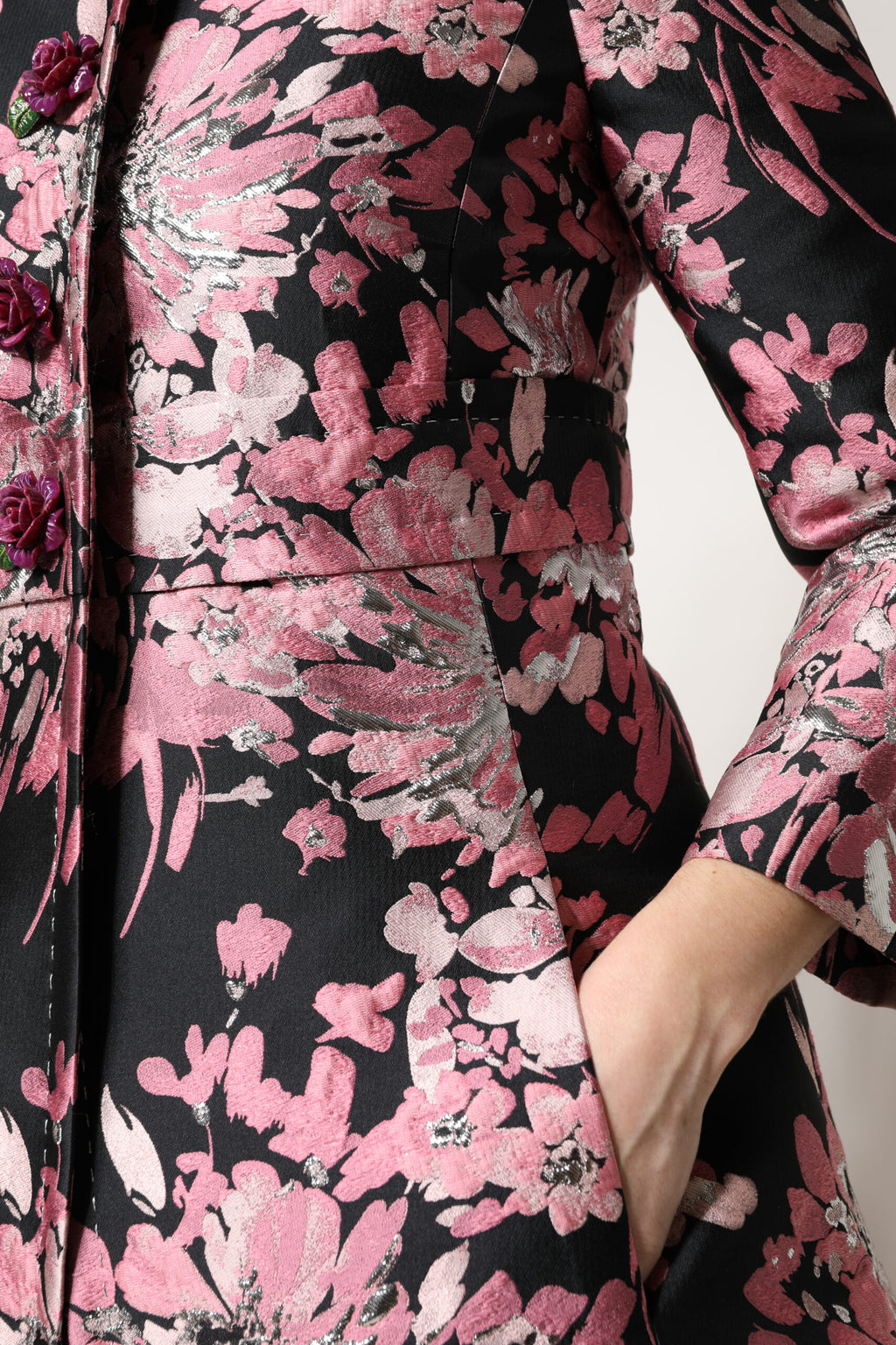 Pink and black floral brocade trench coat
