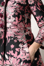 Pink and black floral brocade trench coat
