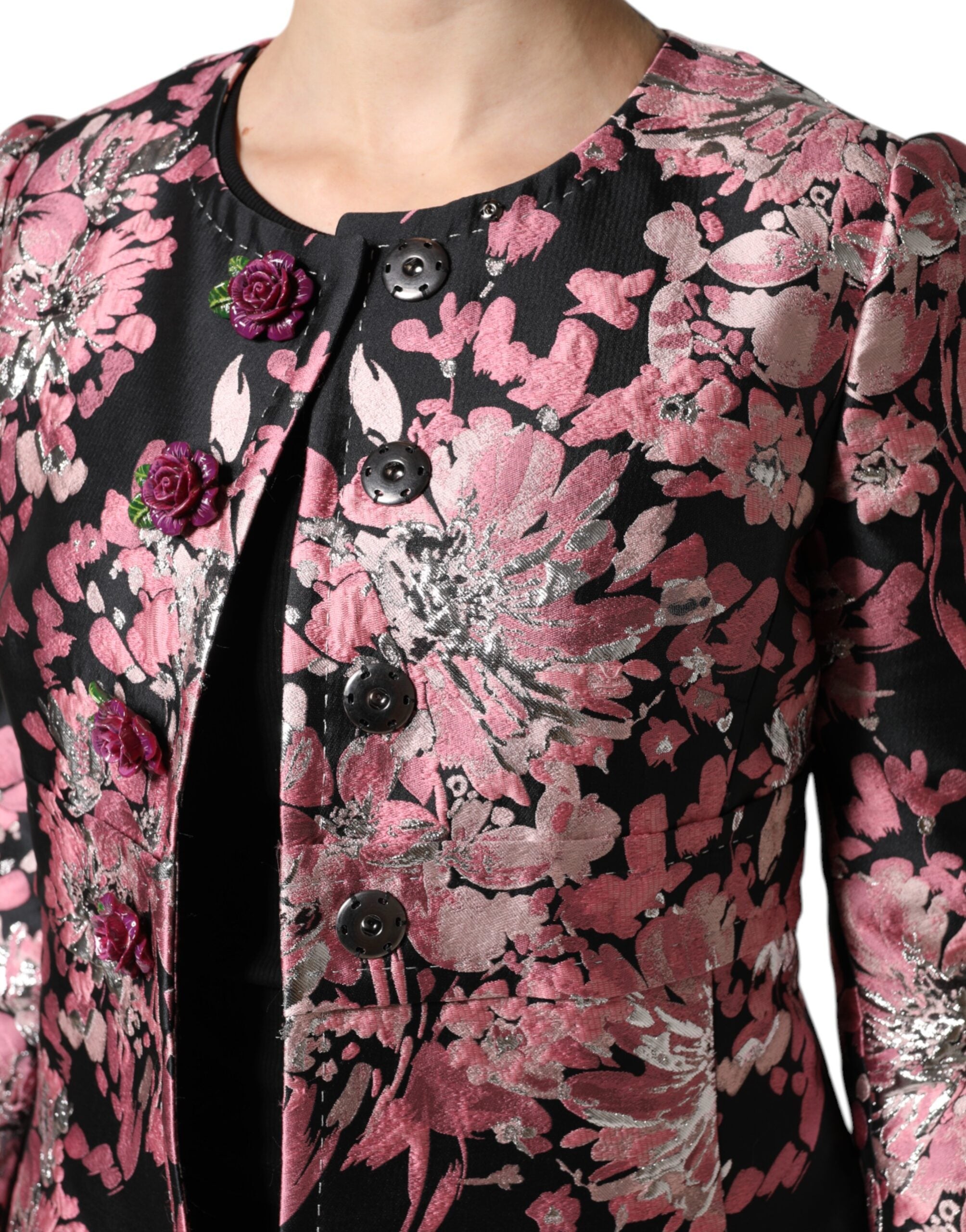 Pink and black floral brocade trench coat