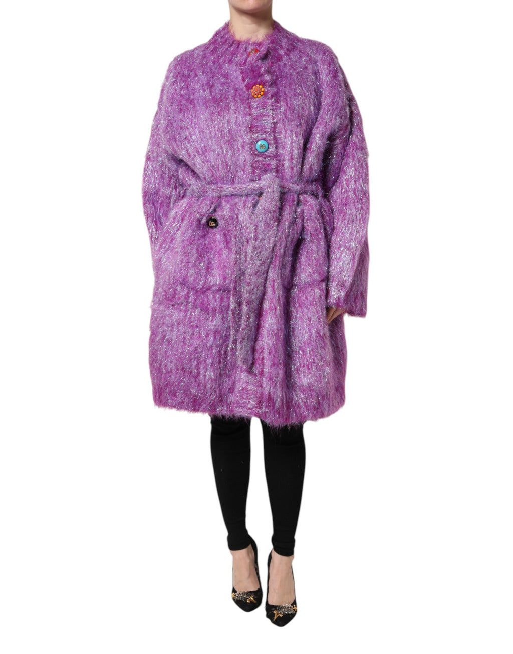 Trench coat with decorative purple buttons