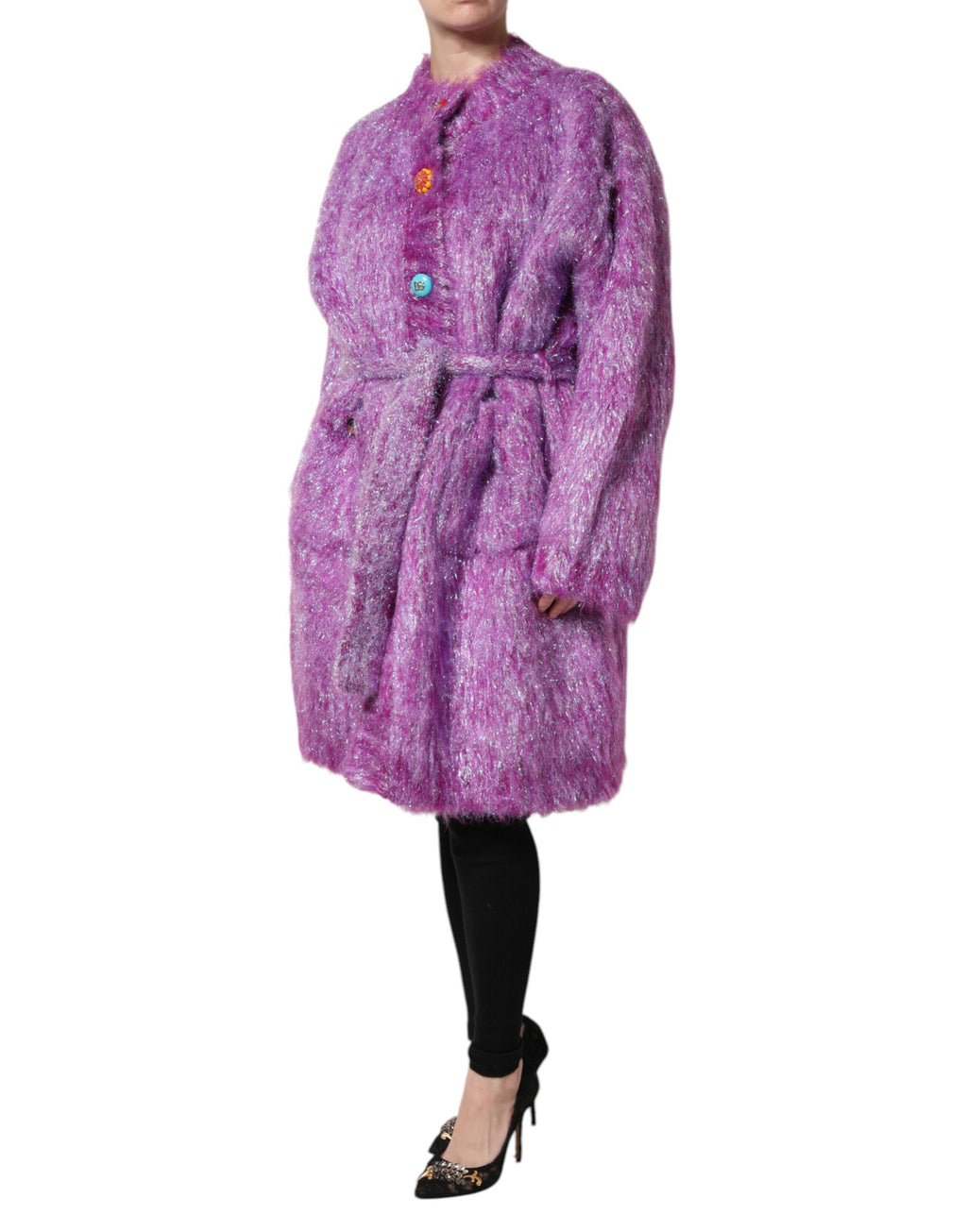 Trench coat with decorative purple buttons