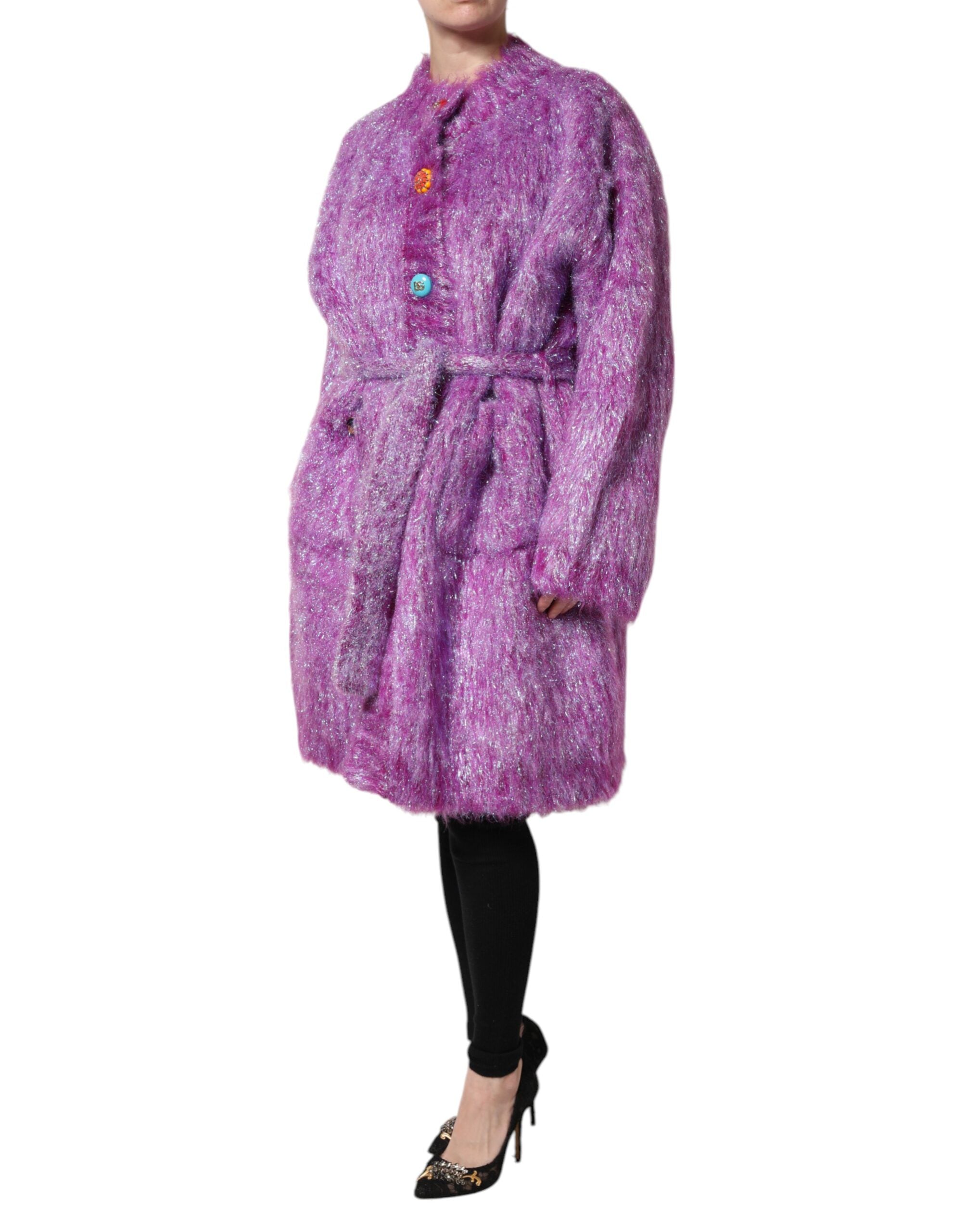 Trench coat with decorative purple buttons