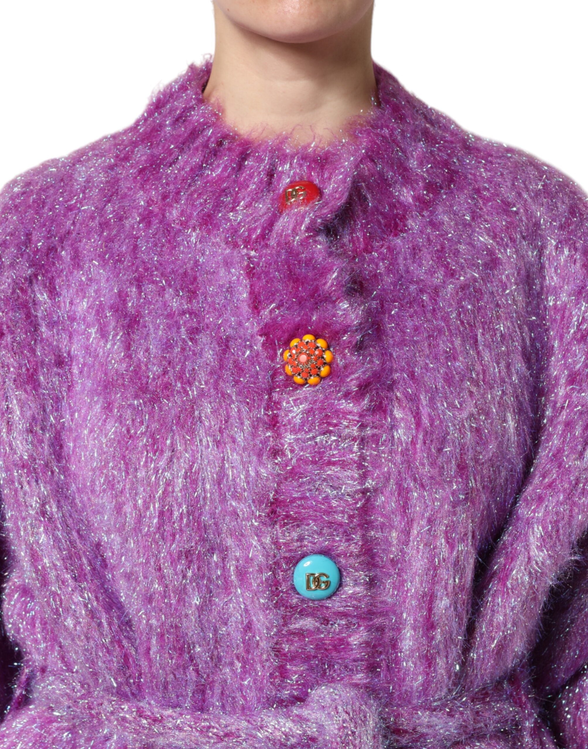 Trench coat with decorative purple buttons