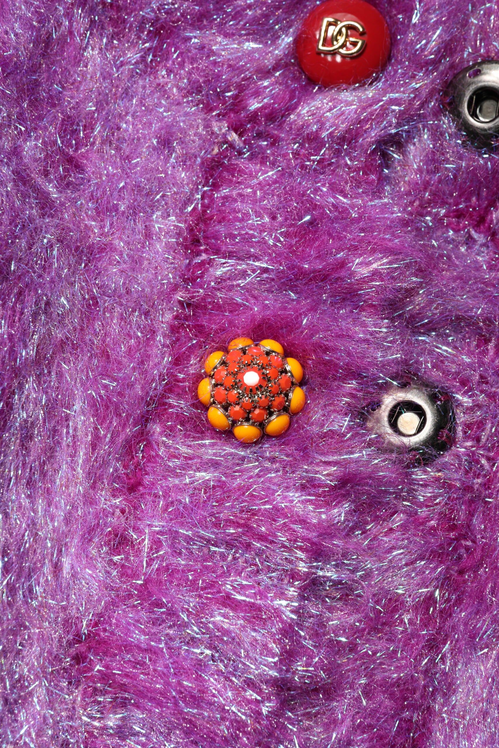 Trench coat with decorative purple buttons