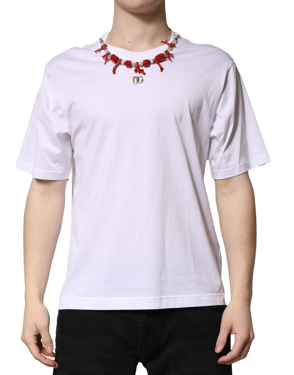 White cotton crew-neck T-shirt with embellishments