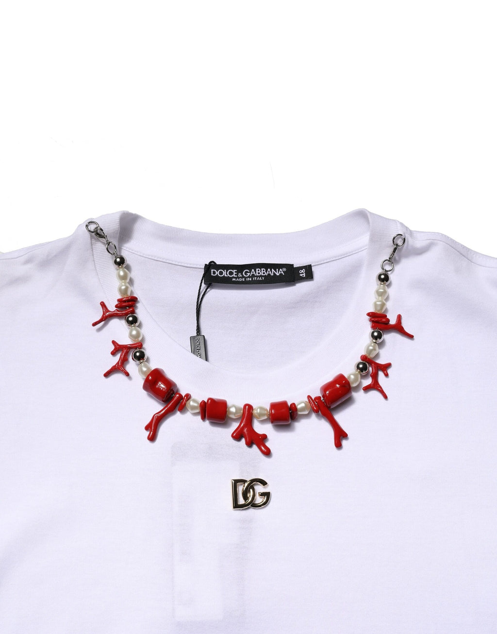 White cotton crew-neck T-shirt with embellishments