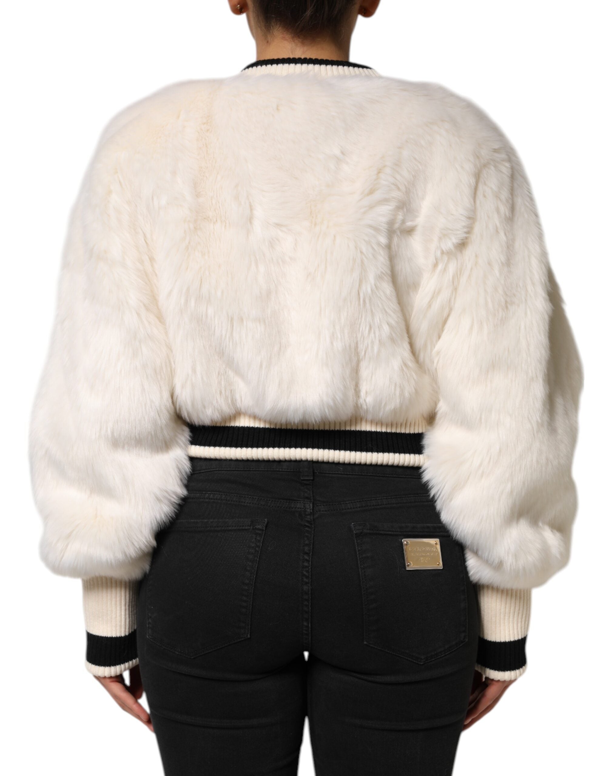 White cropped faux fur DG sweatshirt