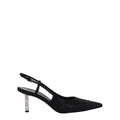 Black high-heeled fabric pumps