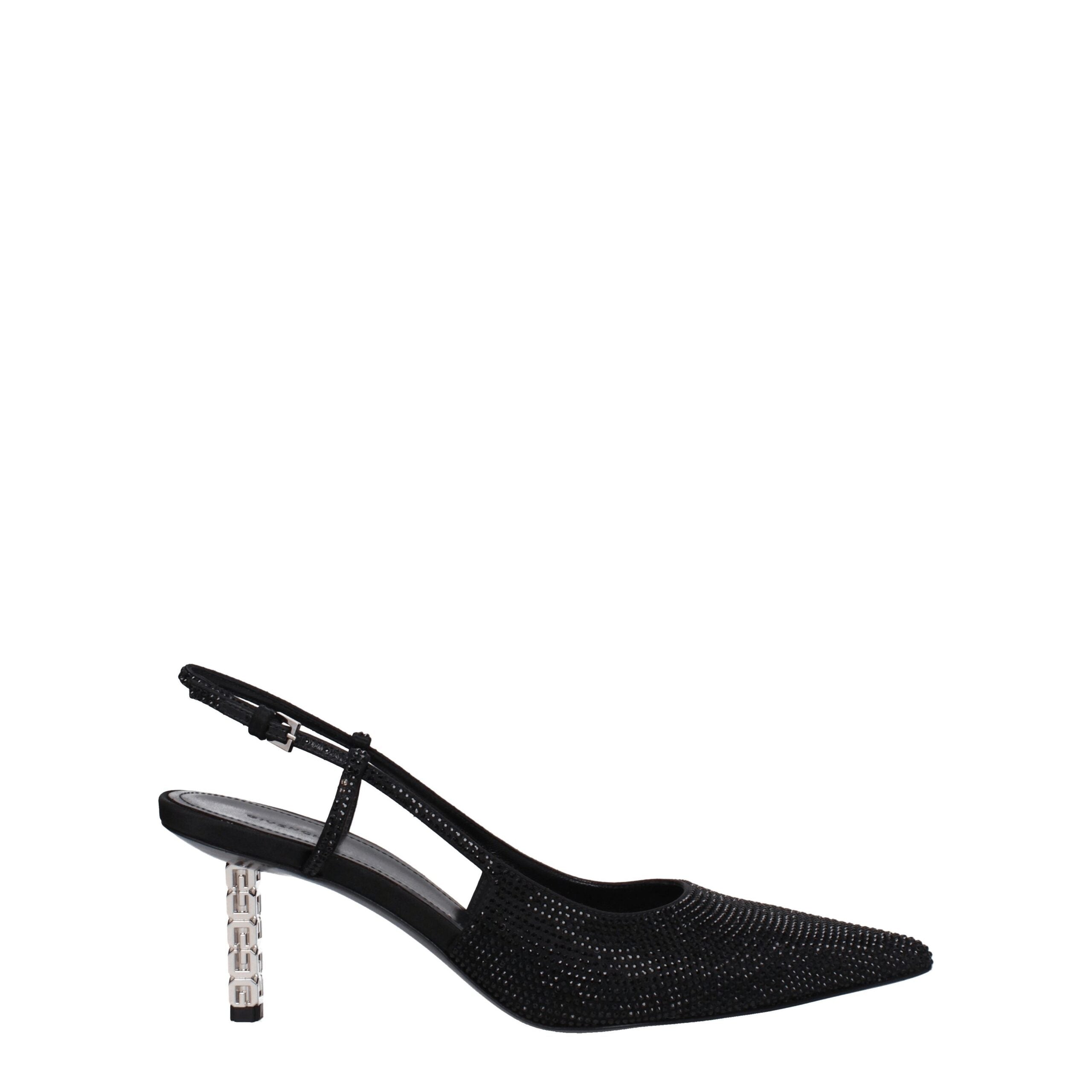 Black high-heeled fabric pumps